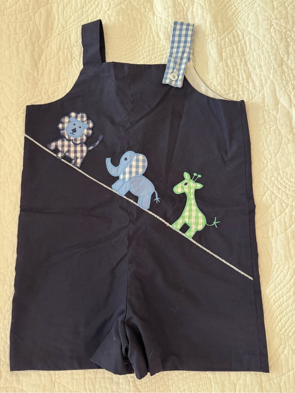 Navy Kids Romper with Gingham Safari Appliques